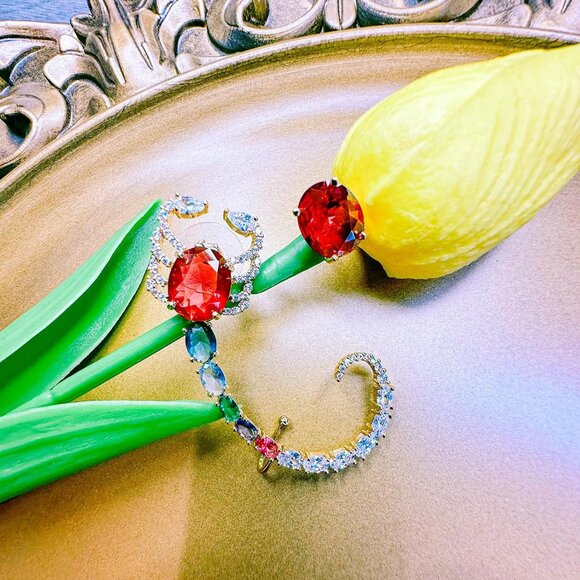 925 Silver Butterfly Ear Cuff Earrings for Women, Gold Purple Cubic Zirconia, Hy - Picture 3 of 6